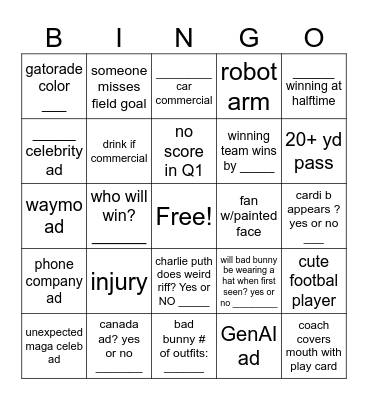 superbowl!!!!!!!!!!!! Bingo Card
