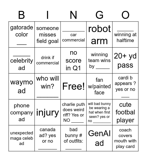 superbowl!!!!!!!!!!!! Bingo Card