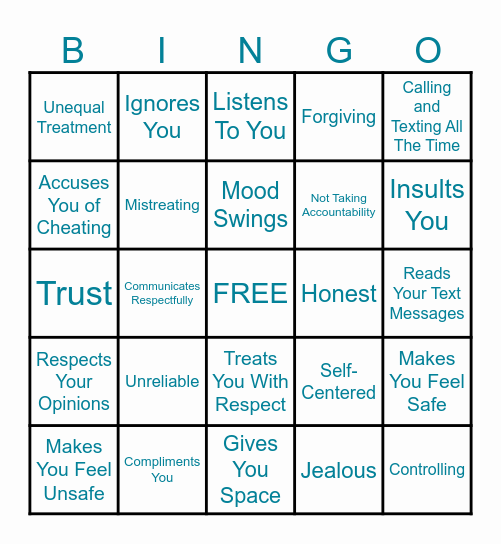 Healthy and Unhealthy Traits Bingo Card