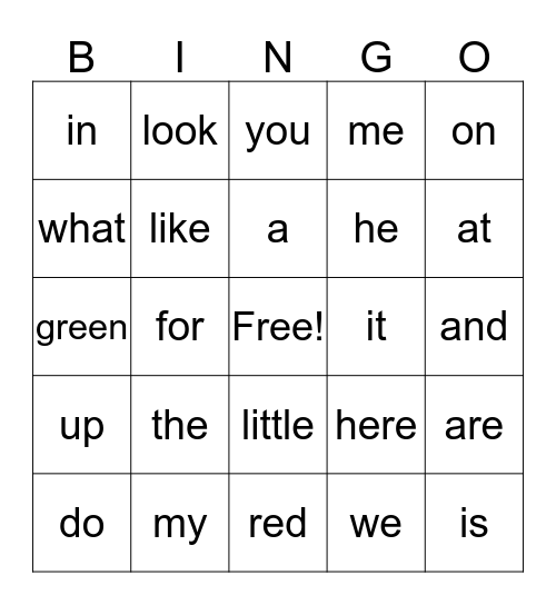 Sight Word Bingo Card