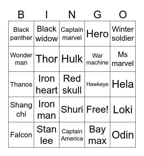 Marvel Bingo Card