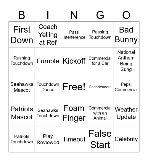 Super Bowl 2026 Bingo Card