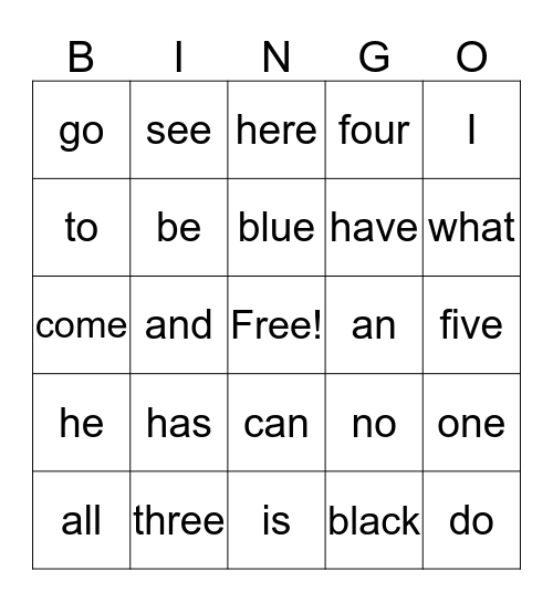 Sight Word Bingo Card