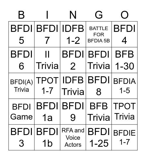 BFDI (Season 1) Bingo Card