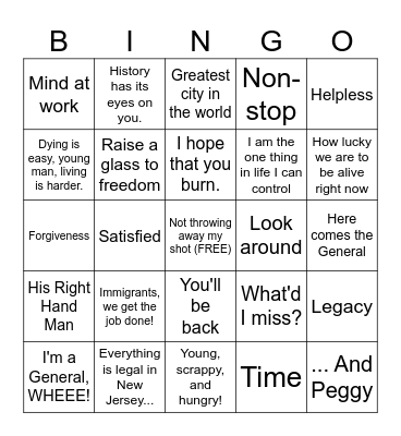 Hamilton Musical Bingo Card