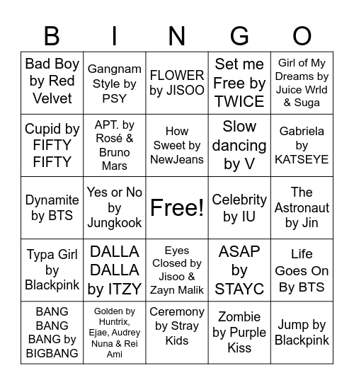K-POP Playlist Bingo Card