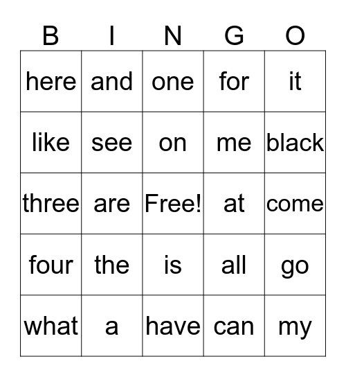 Sight Word Bingo Card