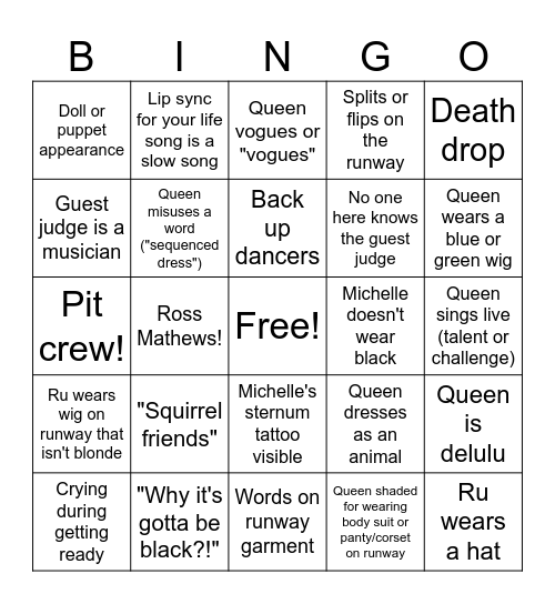 RuPaul's Drag Race Bingo Card