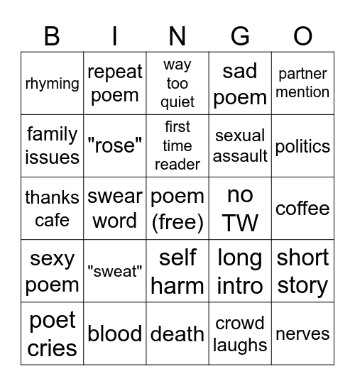 poetry night Bingo Card