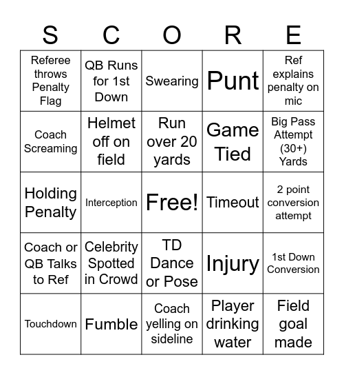 Superbowl Bingo Card