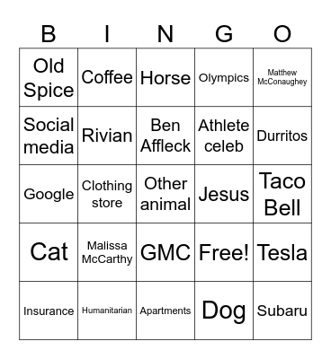 Super Bowl Commercial Bingo Card