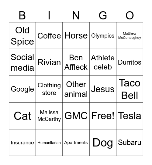 Super Bowl Commercial Bingo Card