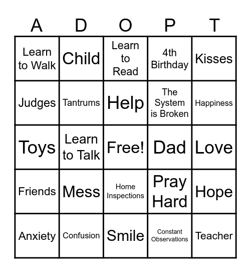 Adoption Bingo Card