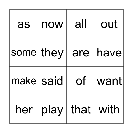 Heart Word Bingo Card