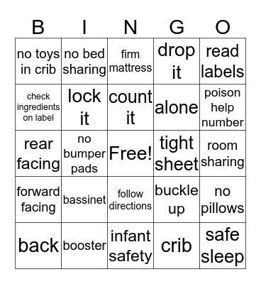 Infant Safety  Bingo Card