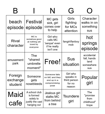 Harem Anime Bingo Card
