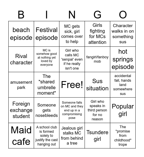Harem Anime Bingo Card