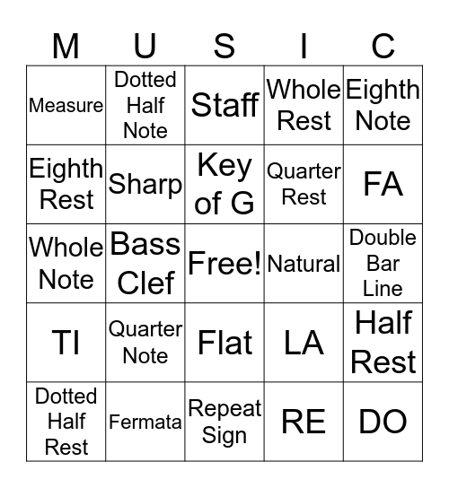 Music Symbol Definitions Bingo Card