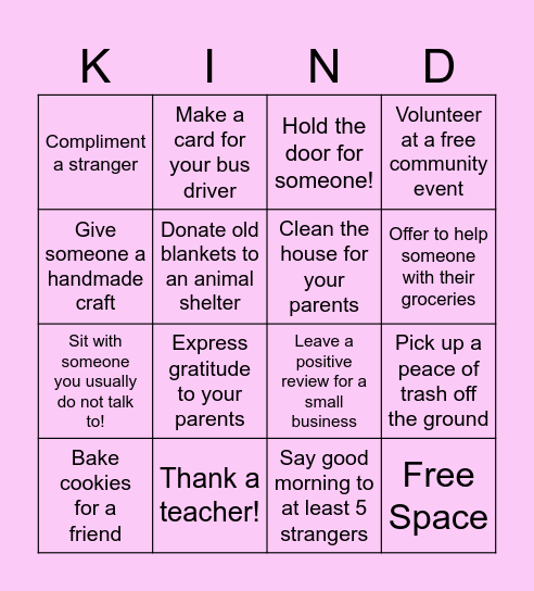 Kindness Bingo! Bingo Card