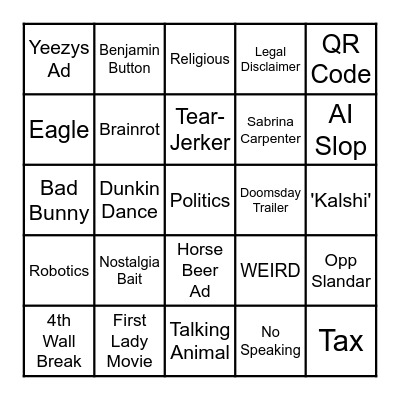 Super Bowl Ads Bingo Card