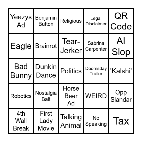 Super Bowl Ads Bingo Card