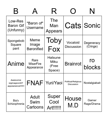 Baroncord Bingo Card