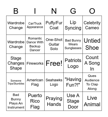 Bad Bunny Halftime Bingo Card