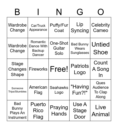 Bad Bunny Halftime Bingo Card