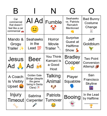 SUPER BOWL LX Bingo Card