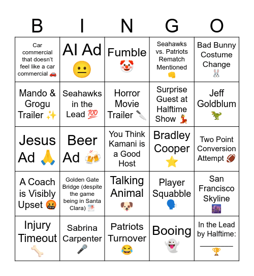 SUPER BOWL LX Bingo Card
