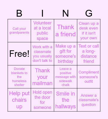NHS Kindness Bingo Card