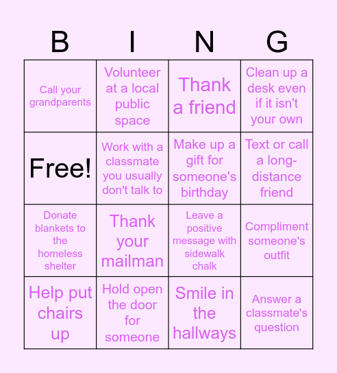 NHS Kindness Bingo Card