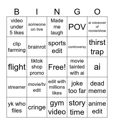 tiktok Bingo Card