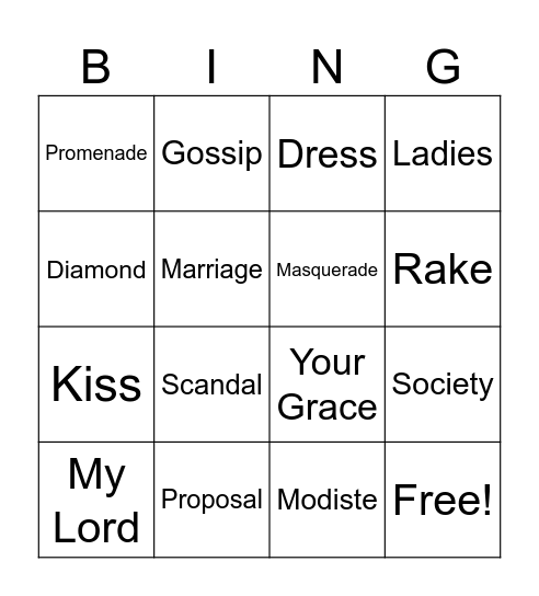 Bridgerton Bingo Card