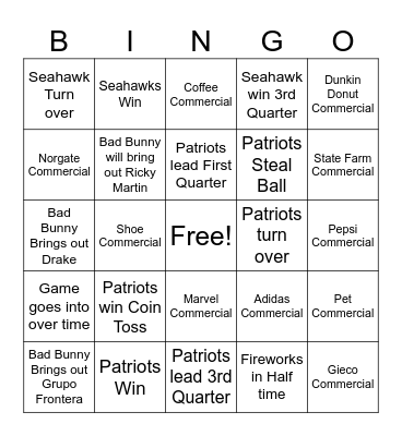 Super Bowl 2026 Bingo Card