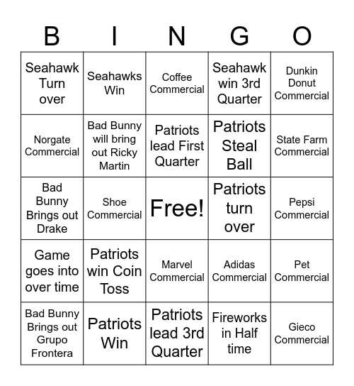 Super Bowl 2026 Bingo Card