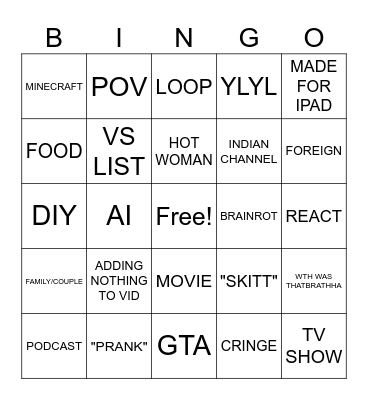 YT SHORTS BINGO Card