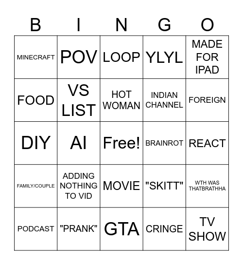 YT SHORTS BINGO Card