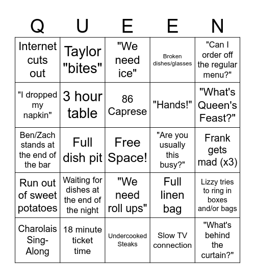 Queen's Feast Bingo Card