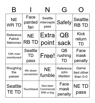 Super Bowl Bingo Card