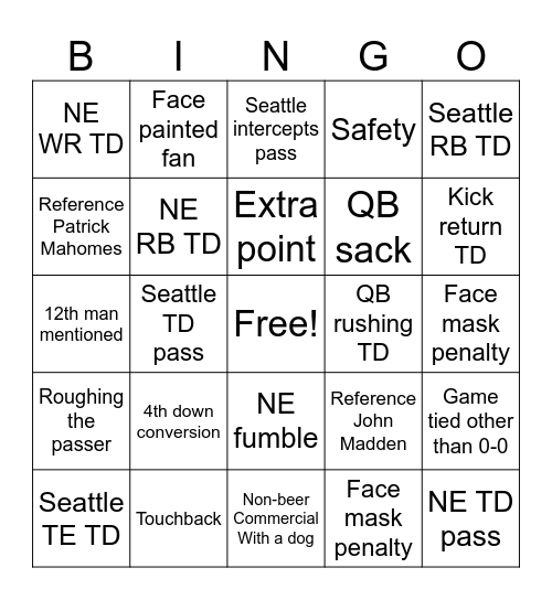 Super Bowl Bingo Card