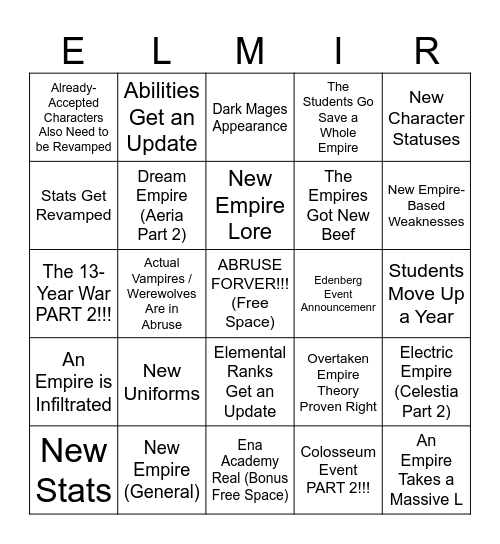 Elmir Academy Revamp BINGO! Bingo Card
