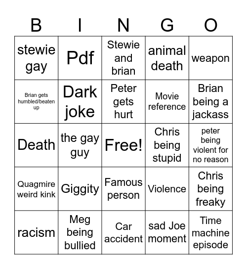 Family guy Bingo Card