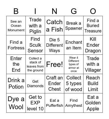 Minecraft bingo Card