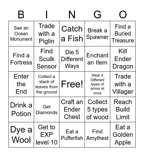 Minecraft bingo Card