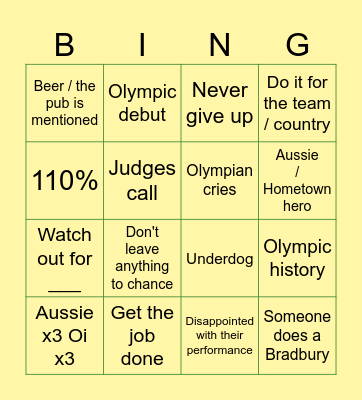 Aussie Winter Olympics Bingo Card