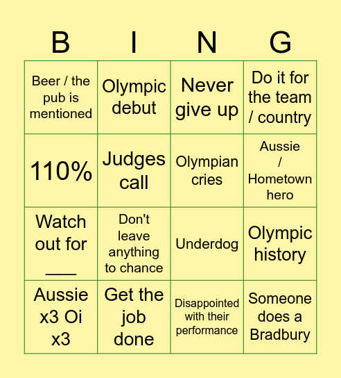 Aussie Winter Olympics Bingo Card