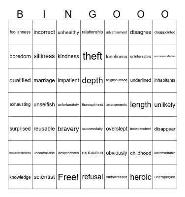 WORD FORMATION Bingo Card