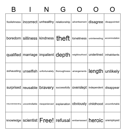 WORD FORMATION Bingo Card