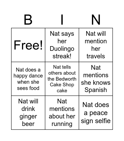 Natalie’s 30th Birthday Bingo Card
